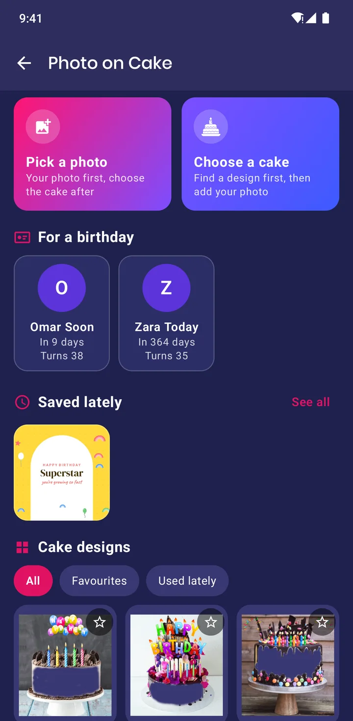 The Photo on Cake screen with Pick a photo, Choose a cake, upcoming birthdays and cake designs