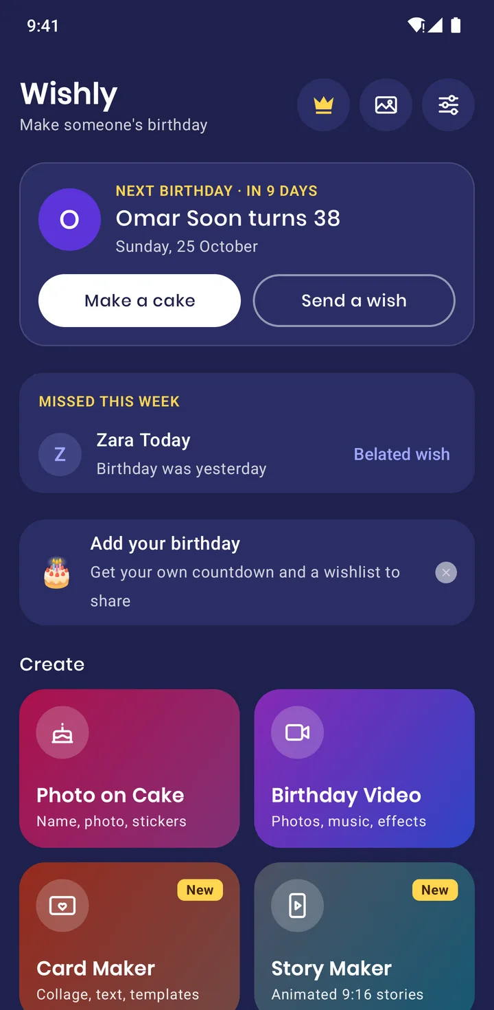 The Wishly app home screen with Photo on Cake, Birthday Video, Card Maker and Story Maker